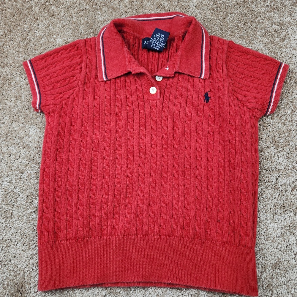 Ralph Lauren Kids Red Cable Knit Short Sleeve Polo Sweater Size 5 Tipped Collar